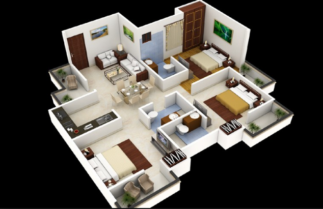 Denah Rumah Minimalis 3 Kamar Tidur 3D Sederhana